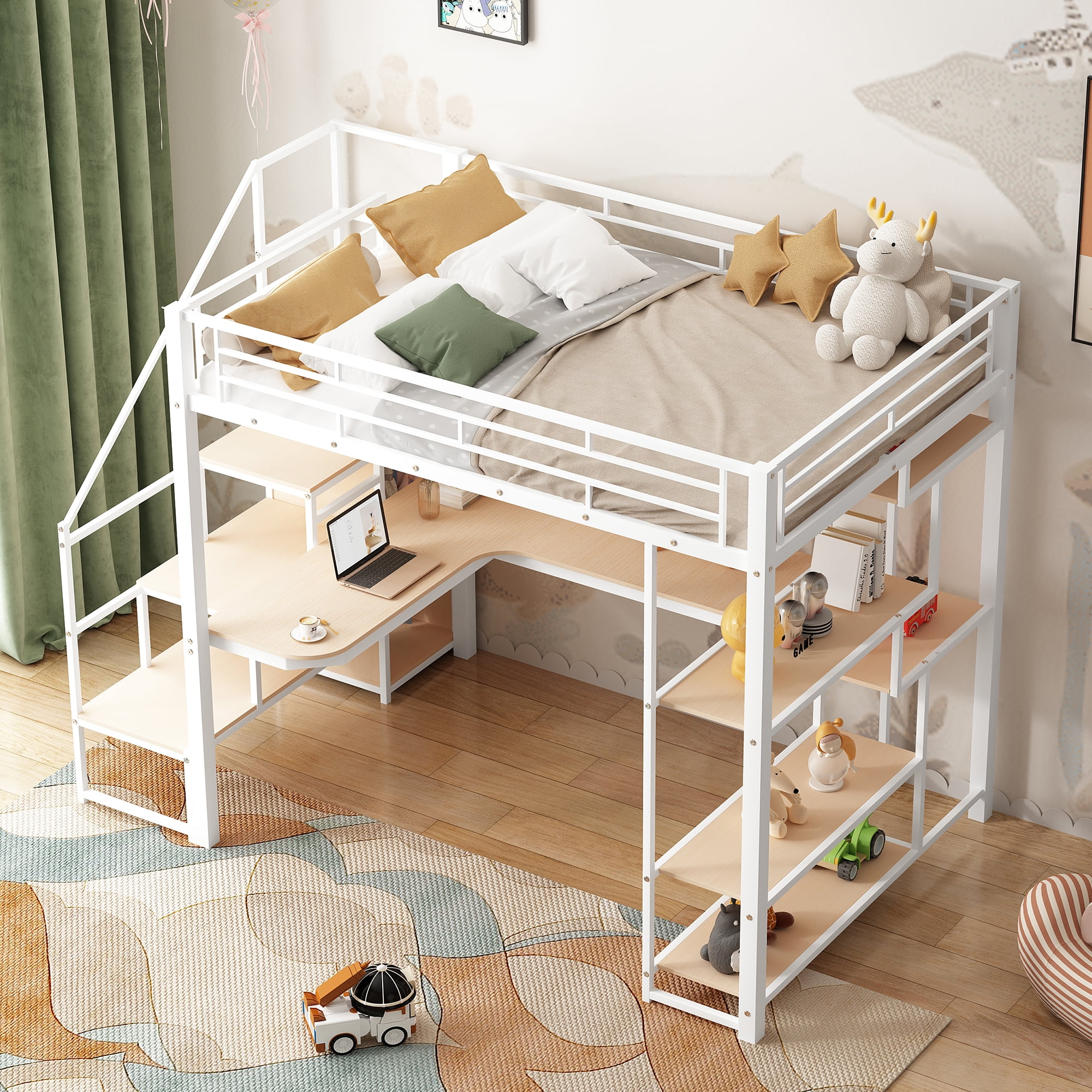 Euroco Modern Metal Full Size Loft Bed with Wardrobe, Desk and Storage Shelves for Kids Teens, White