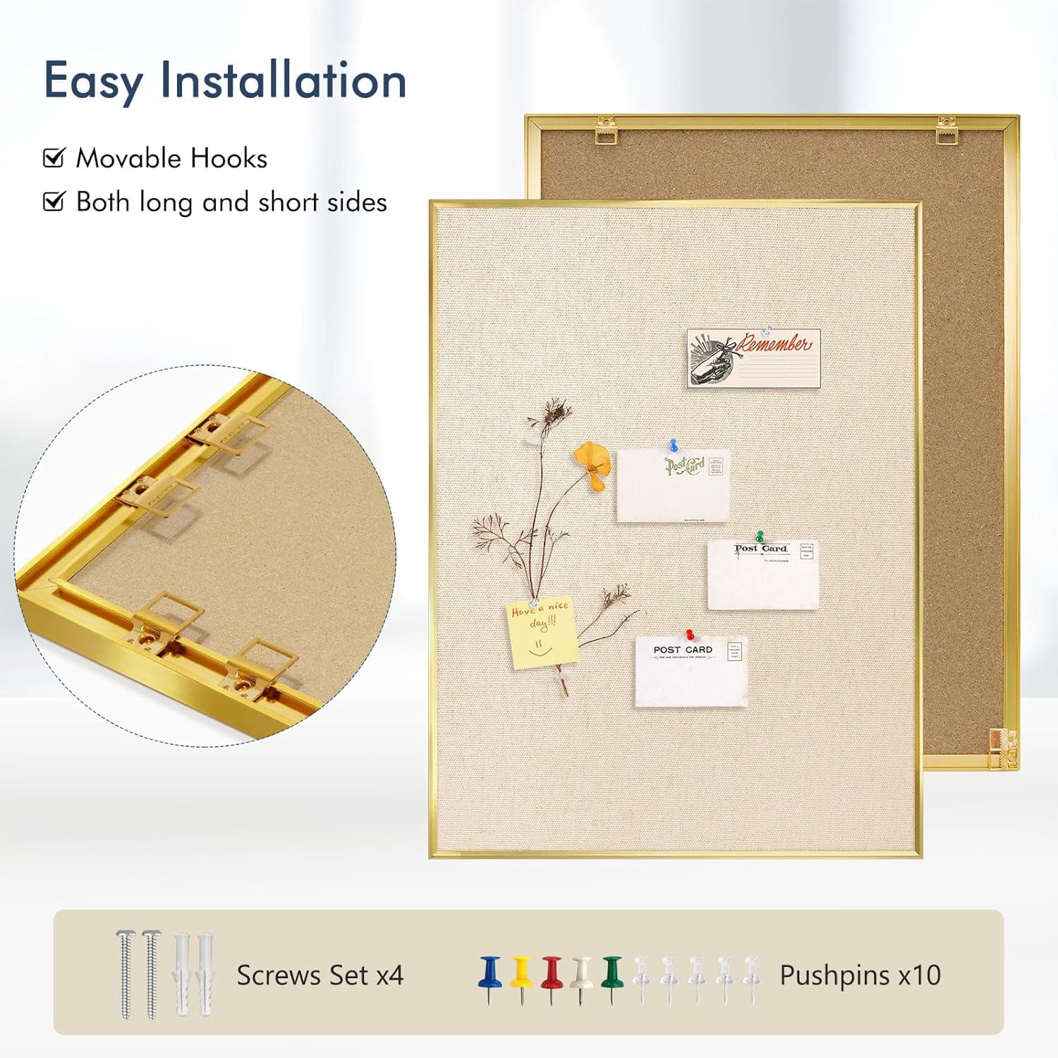Bulletin Board with Linen 24'' x 18'' Golden Aluminum Frame, Fabric Cork Boards for Walls, Decorative Pin Office Home Café, Beige Brown
