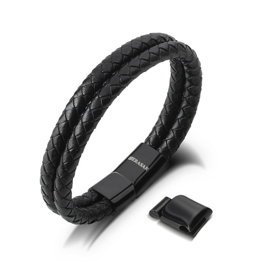 SERASAR Leather Bracelet for Men "Double" with stainless steel magnetic closure, Black 20cm, including gift box