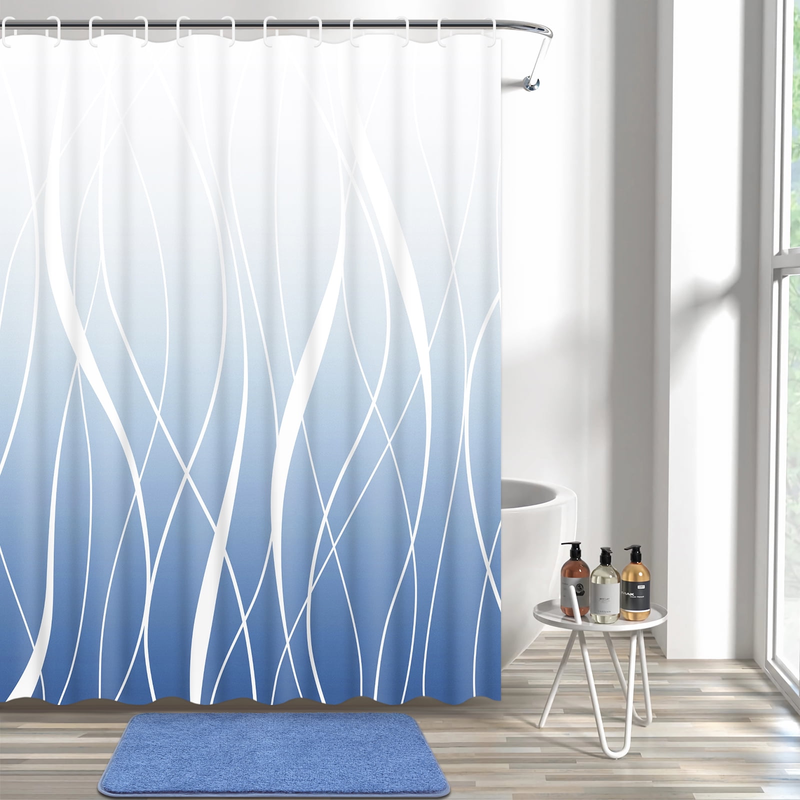 FRAMICS 15-Piece Ombre Blue Shower Curtain Sets with Rugs, Waterproof Fabric Striped Gradient Bathroom Sets, 72" x 72"