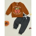 thumbnail image 2 of aturustex Toddler Boys Halloween Tracksuits Clothes Set 0-3T Infant Long Sleeve Sweatshirts Pumpkin Letter Print Pullovers Crew Neck Tops Pocket Sweatpants Long Pants Kids 2-Piece Casual Fall Outfits, 2 of 8