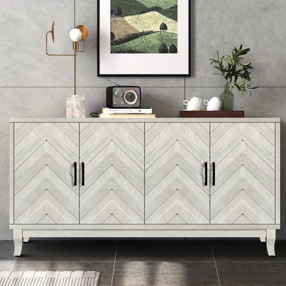 Thickened Sideboard Table With 4 Doors And Solid Wood Legs Adjustable Shelves Storage Cabinet In Silver For Space