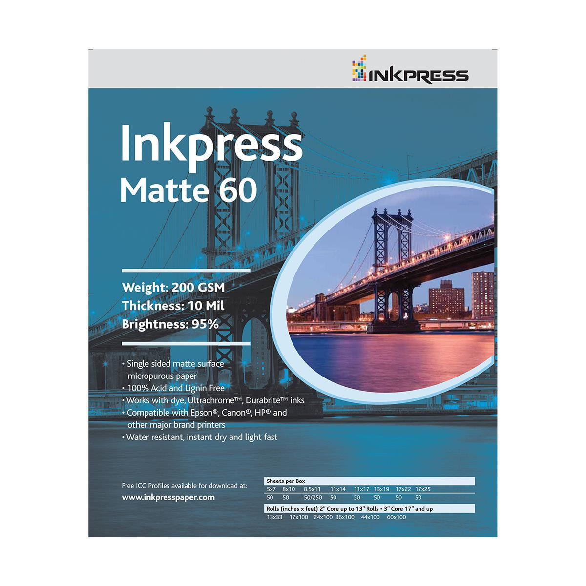 Inkpress Matte 60 Single Sided Bright White Inkjet Paper, 10 mil