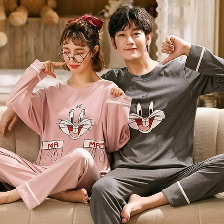 

Couple Pajamas Set 100% Cotton Autumn Long Sleeves Pnats Home Suit Cartoon Lovers Sleepwear Comfortable Two-piece Female Pajamas