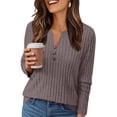 thumbnail image 2 of Holzkary Womens Henley Sweaters Lightweight Long Sleeve Shirts V Neck Tops with Button Fall Outfits 2025 Tunic Top New Solid Color Button Knit Fall Winter V Neck Long Sleeve Stripe Top Light Violet M, 2 of 7