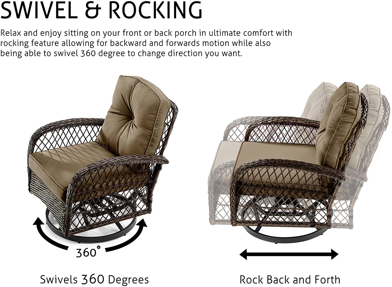 Amolife 3 Pieces Wicker Patio Furniture Set, Bistro Set with Outdoor Swivel Rocking Chair and Coffee Table, Khaki - image 4 of 9