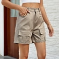 thumbnail image 4 of Mrat Jean Cargo Shorts Women's Denim Shorts Knee Length Shorts Casual Loose Shorts Elastic Waist Button Half Pants with Multi-pockets S-46 Khaki S, 4 of 8
