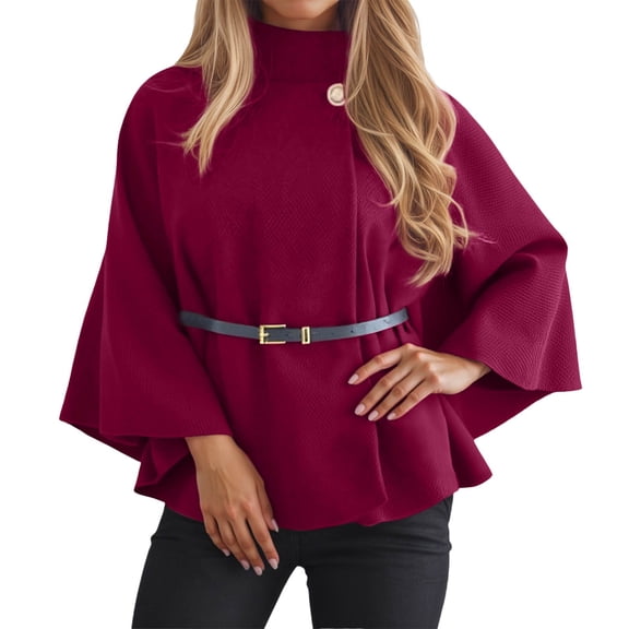 Arlun Womens Belted Wool Cape Poncho Coats Winter Warm Stand Collar Wrap Outerwear Tailored Waist Tie Detail Long Sleeve Loose Solid Color Trendy Elegant Coat Red XL