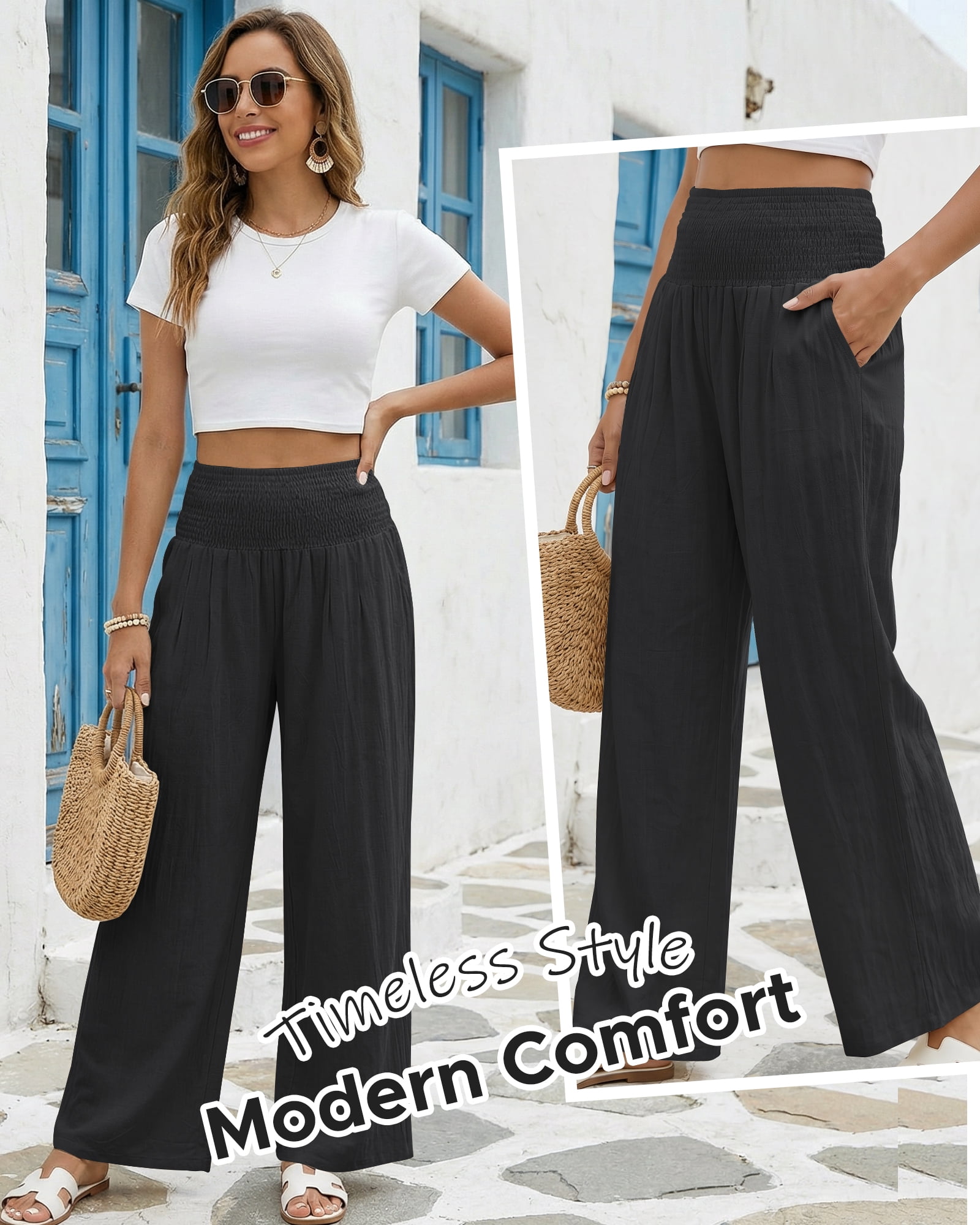 DOCVIT Womens Wide Leg Pants High Elastic Waist with Pockets Summer S-XXL