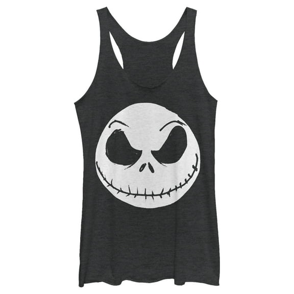 Women's The Nightmare Before Christmas Halloween Jack Skellington Big Face Racerback Tank Top Black Heather 2X Large