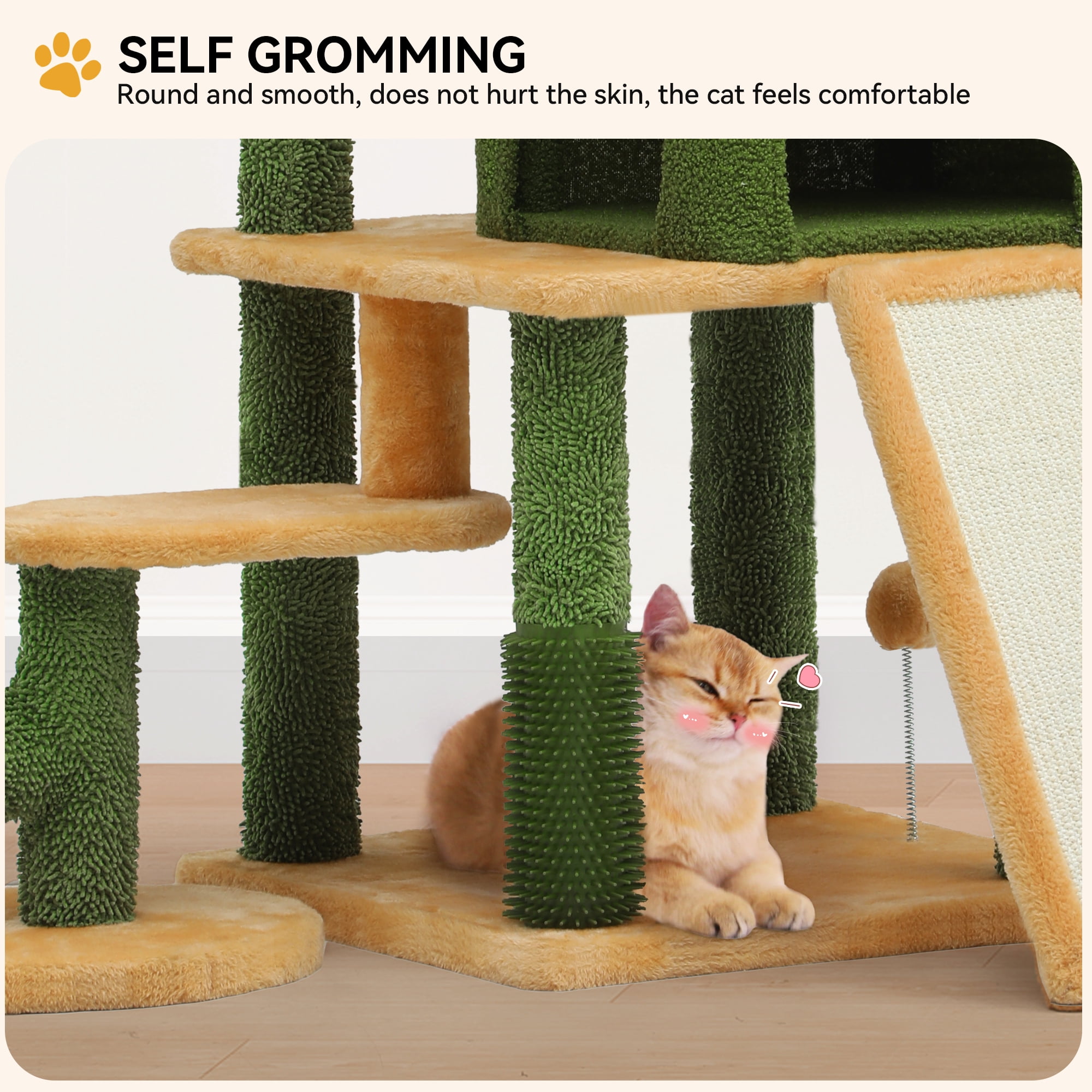 Uforic 60" Cactus Cat Tree Tower, Multi-Level Cat Tree House with Scratching Post, Ladder & Pompom Balls, Green&Yellow