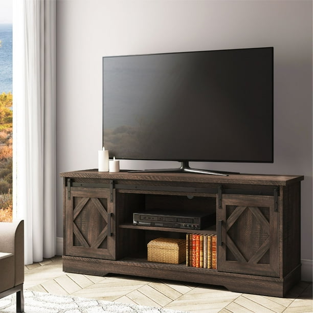 FITUEYES Farmhouse Sliding Barn Door TV Stand for 70 Inch Flat Screen