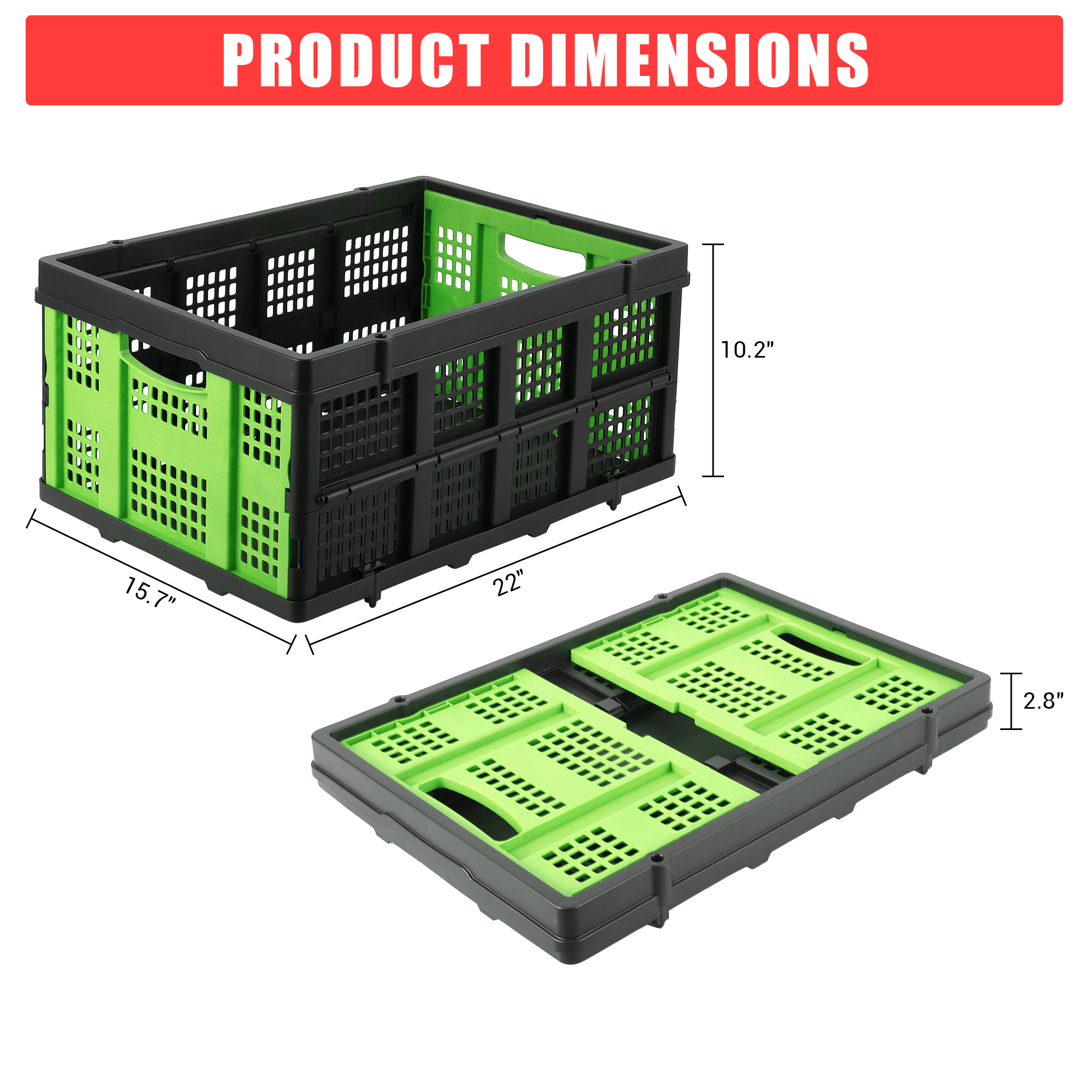 Heavy-Duty 55L Collapsible Stackable Storage Crate – Collapsible Plastic Organizer Bin with Handles – Multi-Purpose Utility Basket for Home, Kitchen, Office, Garage, Camping, Moving – Green