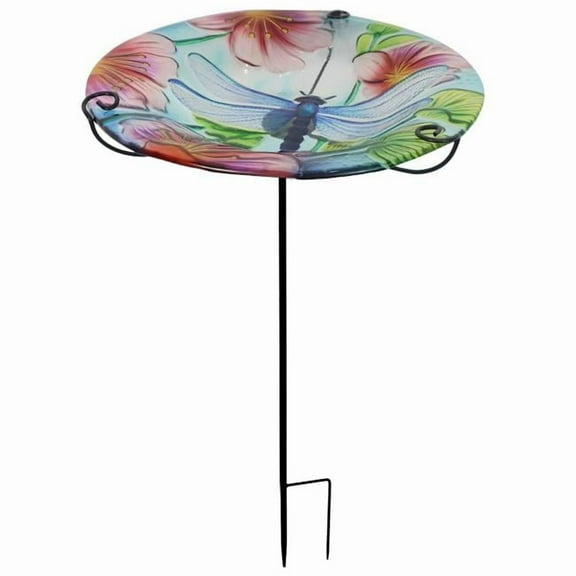 Continental Art Center 32871 12' Blue and Pink Dragonfly Hand Painted Glass Bird Bath and Feeder Outdoor Garden Stake