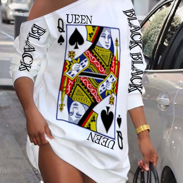 Look Stylish & Feel Comfortable Slant Shoulder Queen Poker Print Dress for Women‘s Fall & Spring Wardrobe