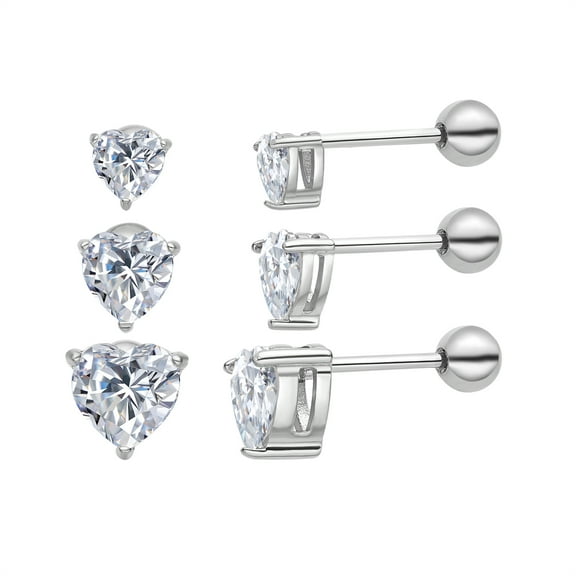 3 Pairs Surgical Stainless Steel Screw Back Stud Earrings, Heart Square Princess Cut Horse Eye Teardrop Triangle Cubic Zirconia Stud Earrings Set
