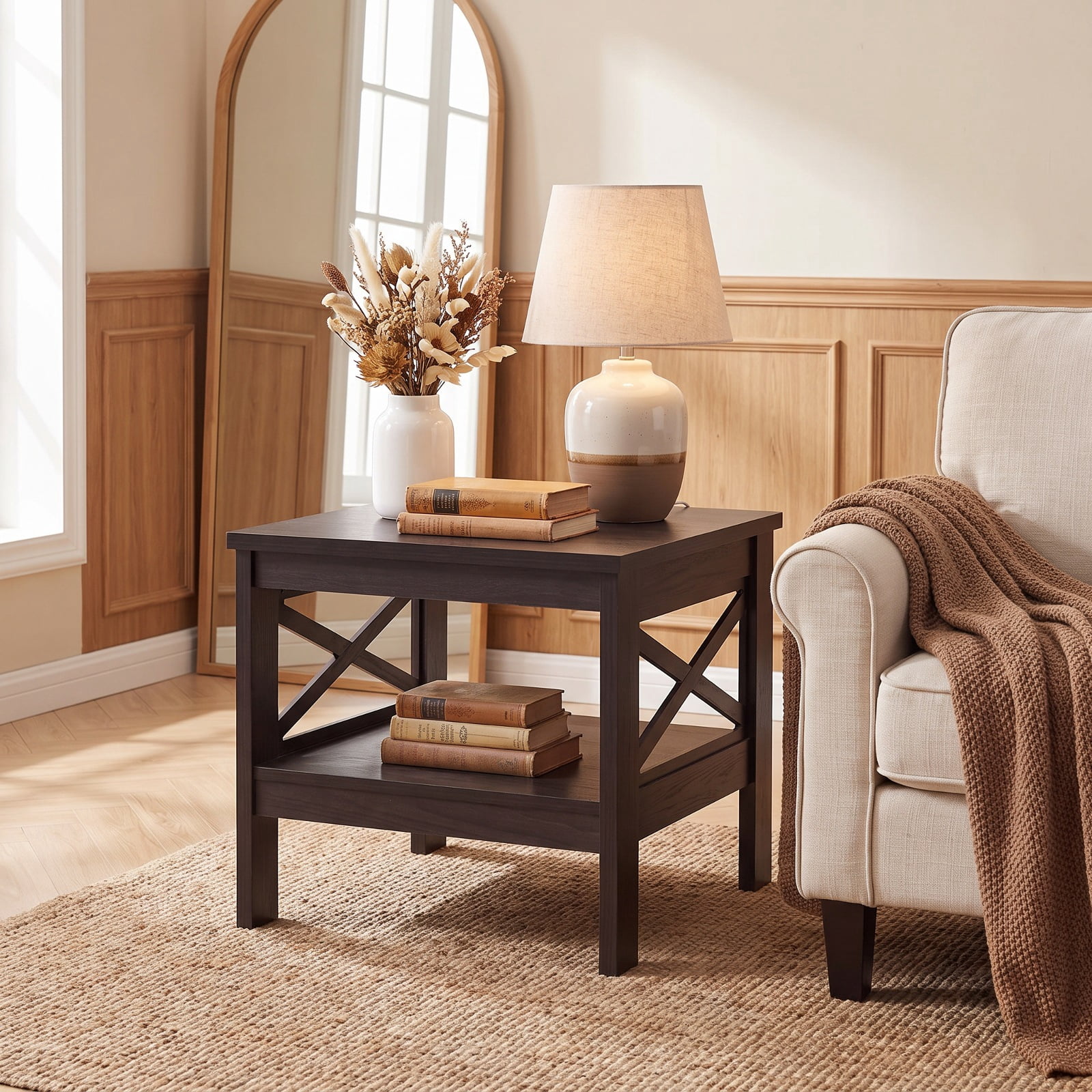 Furnibear 2 Tier Square Side Table with Storage Shelf and Farmhouse X Frame for Bedroom Living Room and Sofa Side, Brown