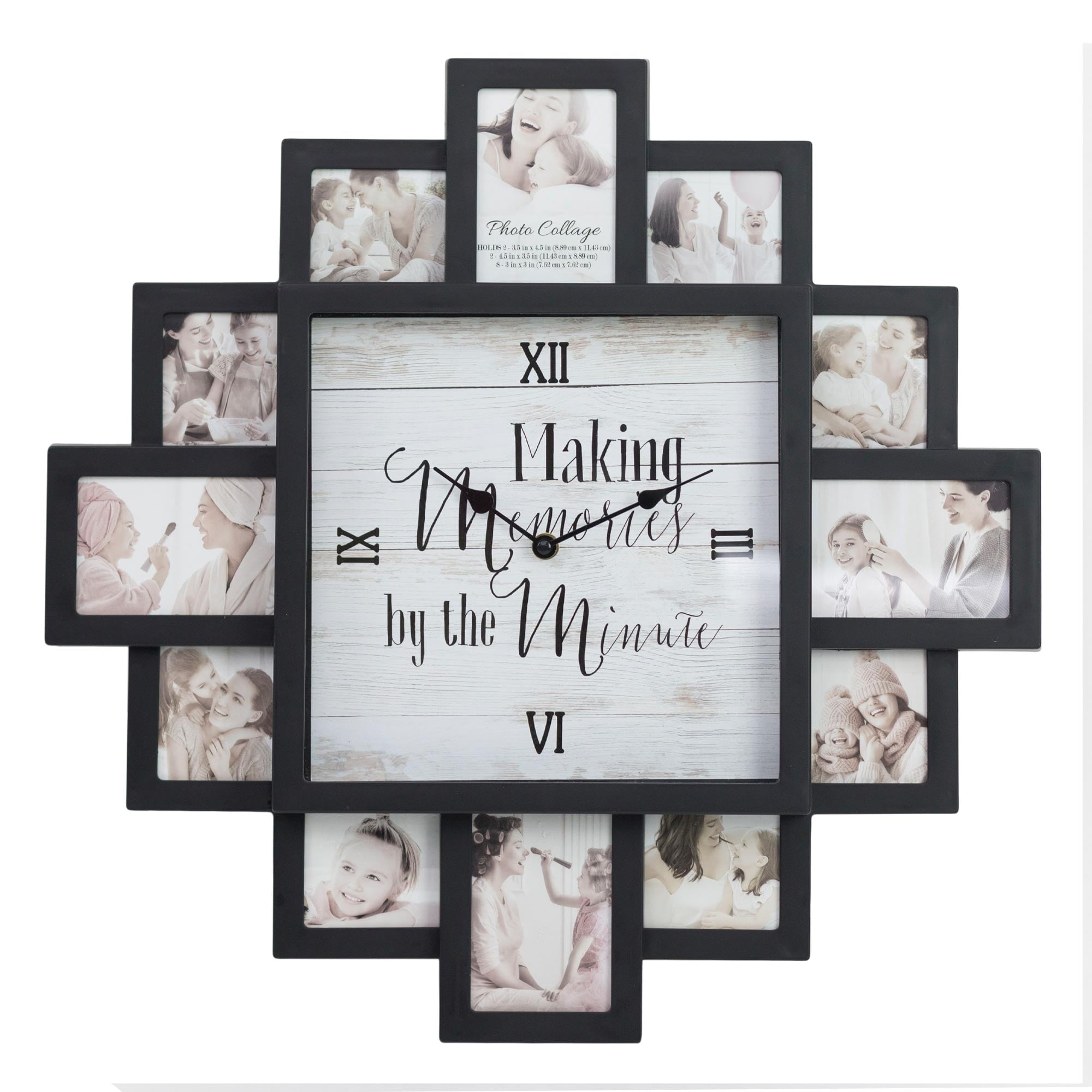 Black Picture Frame Photo Collage Clock - 12 Slots, Farmhouse Wall Decor, Wall Clock for Living Room, Bedroom, Kitchen, Office (Memories, 20"x20")