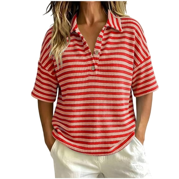 Ankola Womens Striped Knit Polo Shirts Short Sleeve Collared Shirt Casual Summer Pullover Sweater Tee Tops