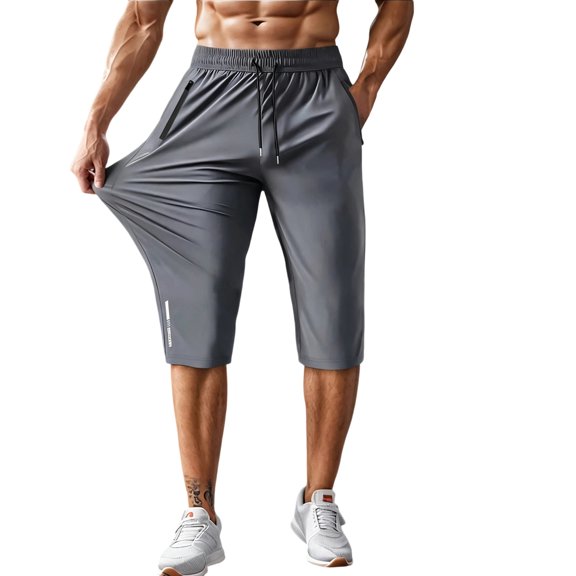 Sewkxo Men's Capri Pants 3/4 Joggers Gym/Workout/Hiking Below Knee Long Shorts Lightweight Quick Dry Shorts with Zipper Pockets,Gray XL