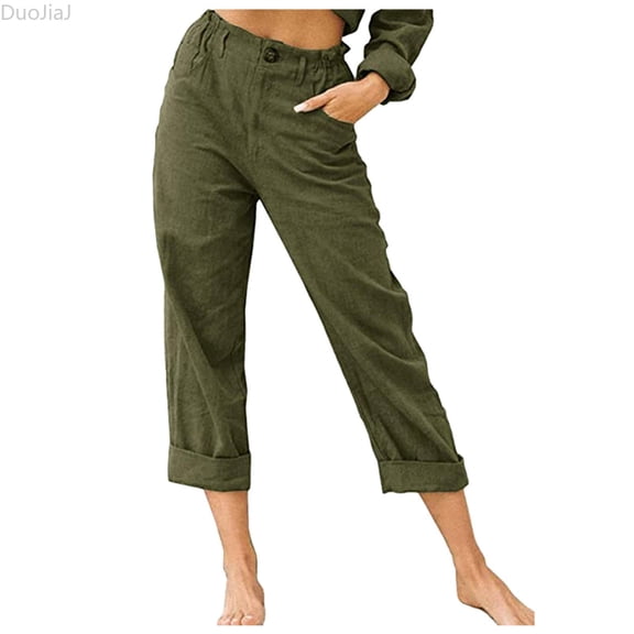 DuoJiaJ Womens Trousers Back Pants Elastic Waist Linen Pants Casual Pants With Pocket Women's Lounge Pants Green L