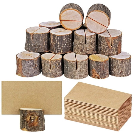 

50 pcs Wood Pile Name Place Photo Holders Wooden Bark Memo Holder Stump Shape Memo Stand Wedding Party Table Ornament (Wooden Pile Paper Cards 25 for Each)