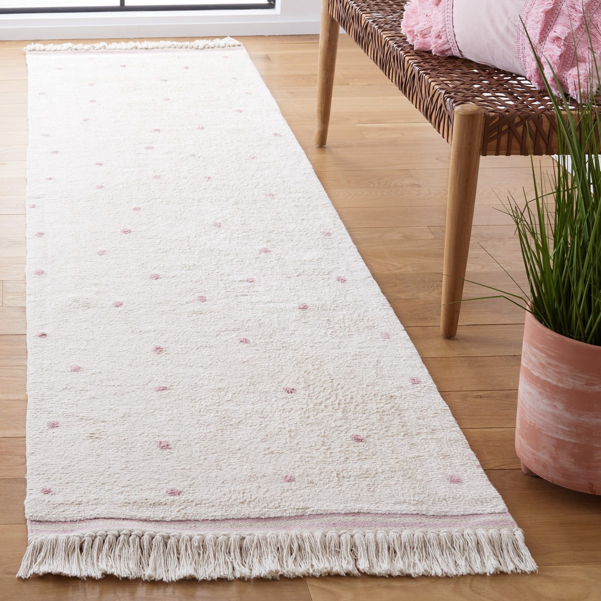 SAFAVIEH Easy Care Leptis Polka Dots Runner Rug, 2'3" x 9', Ivory/Pink