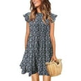 thumbnail image 1 of Summer Dress for Women Sleeveless Ruffle Sleeve Round Neck Mini Dress Solid Color Loose Fit Short Flowy Pleated Dress, Blue, S, 1 of 3