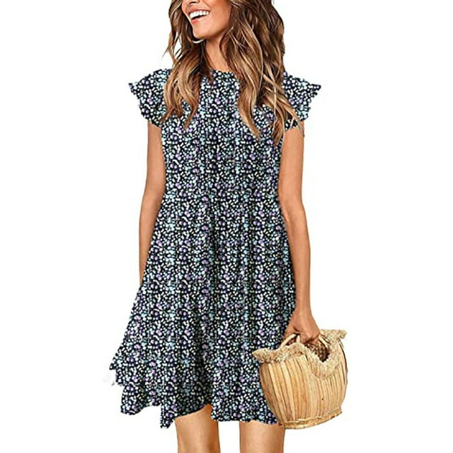 Summer Dress for Women Sleeveless Ruffle Sleeve Round Neck Mini Dress Solid Color Loose Fit Short Flowy Pleated Dress, Blue, S