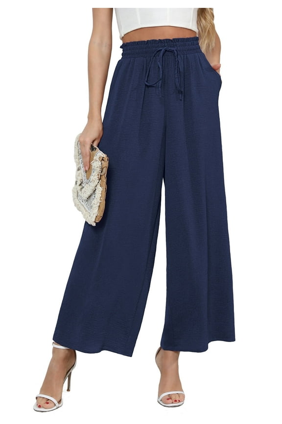 Women's Wide Leg Trousers Palazzo Pants Drawstring Waist Summer Loose Trousers with Pockets Navy Blue-M