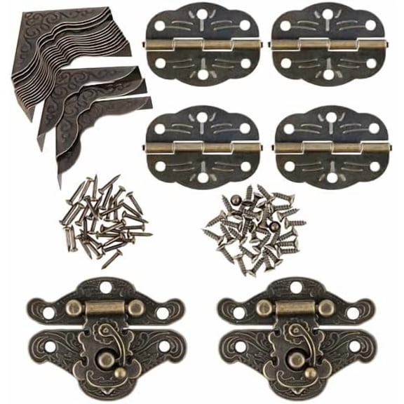 96PCS Engraved Latch Hasp Small Hinges for Wooden Box Jewelry Right Hook Hinges and Box Corner Protectors Hardware Kit Vintage Bronze Hinge with Matching Screws for Decorative Cabinet Small Wooden