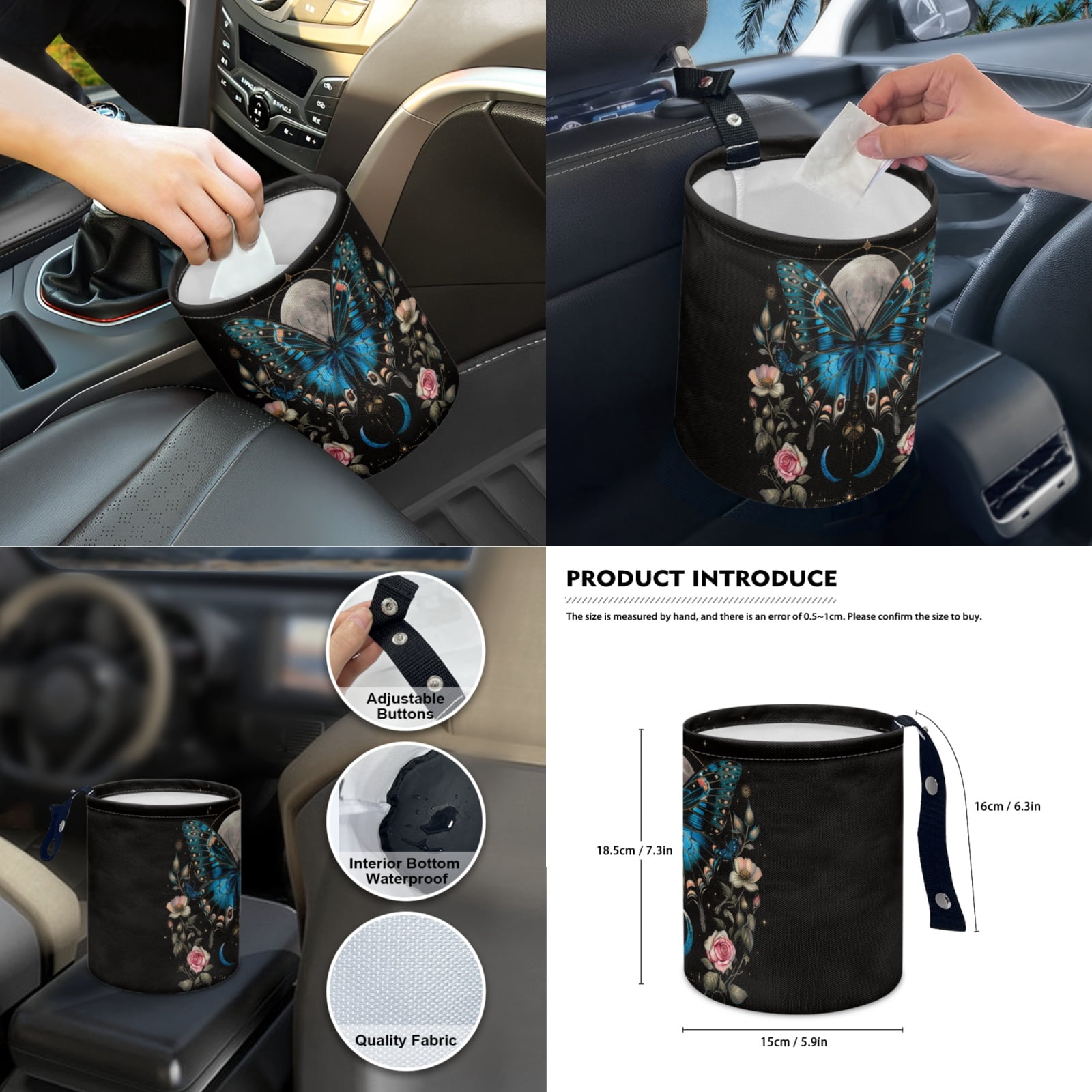 Jeiento Butterfly Car Seat Covers Full Set with Steering Wheel Cover Safe Belt Pads Moon Handbrake Cover Set Coasters Garbage Bin Rear View Mirror Cover Center Console Cover, 14 PCS