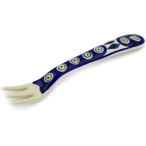Polish Pottery 8-inch Fork (Peacock Leaves Theme) Hand Painted in Boleslawiec, Poland   Certificate of Authenticity