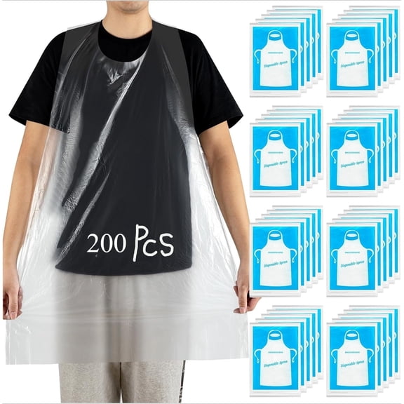 200Pcs Disposable Aprons for Adults, Plastic Aprons for Cooking, Waterproof Apron for Adults Painting Housework Picnic Party Etc
