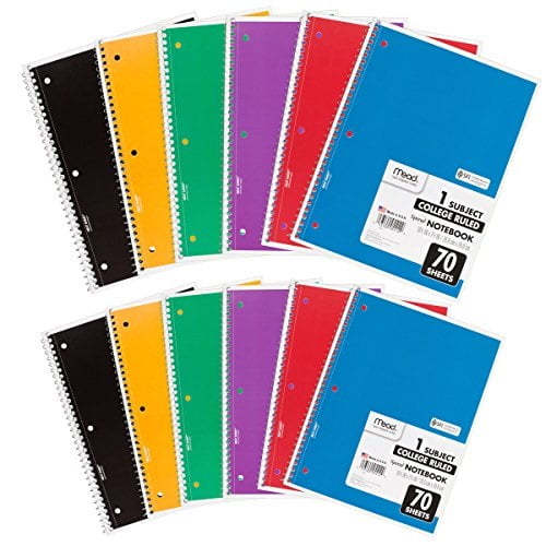 Mead Spiral Notebooks, College Ruled, 70 Sheets, Assorted Colors, 12 ...