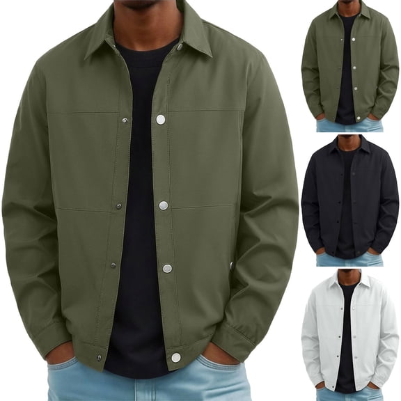 LODIENY Men Plus Size (L-5XL) Snap Button Shirt Jacket Long Sleeve Collared Baggy Regular Fit Casual Jackets Beige XL