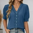 thumbnail image 2 of Lixiuxyad Women Basic Tee Lace Trim V Neck Puff Sleeve Button Down Blouses Dressy Summer Tees Shirts For Work Casual,Blue, 2 of 4