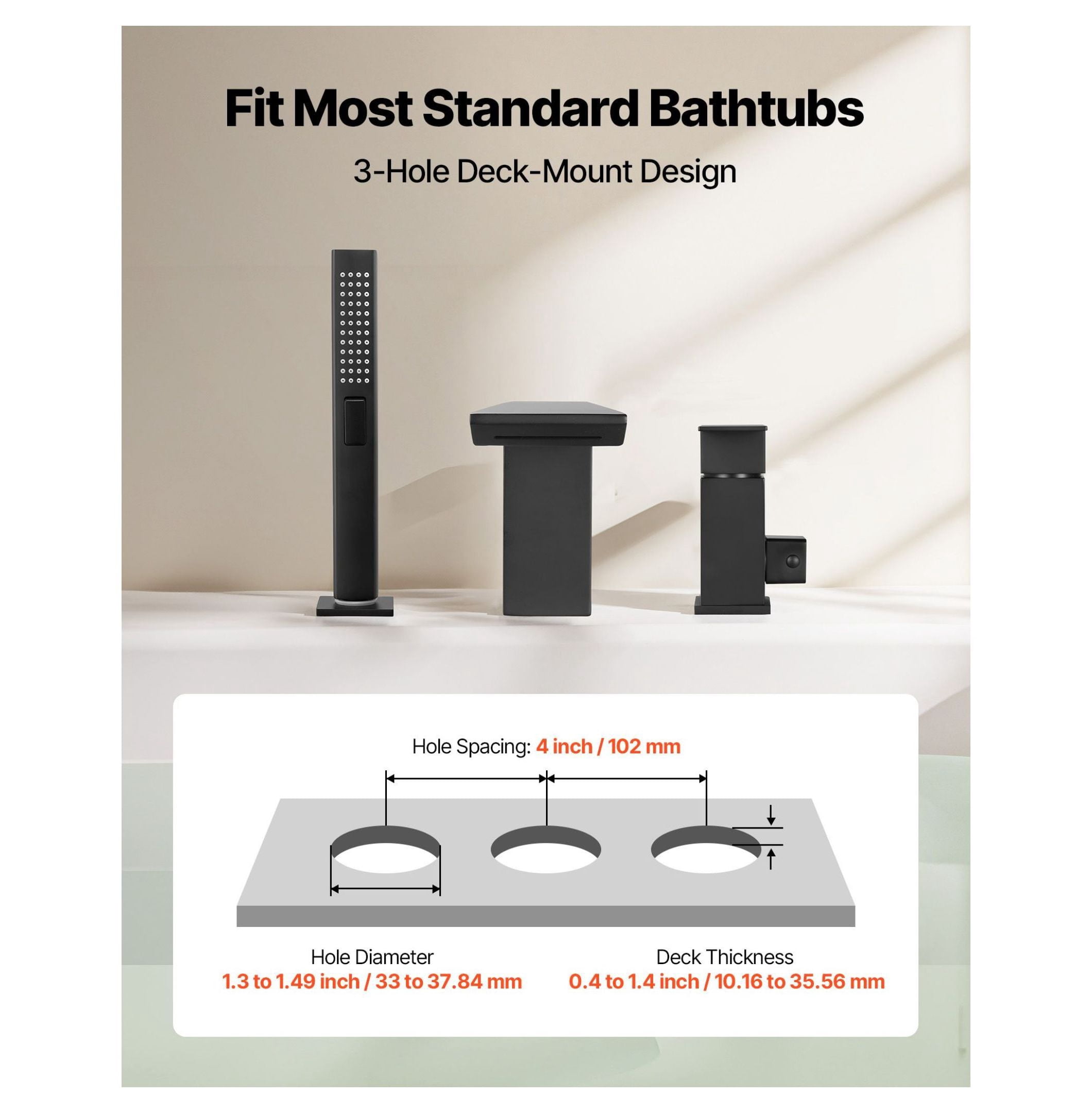 Roman Tub Faucet 3 Hole, Waterfall Bathtub Faucet with Shower, Matte Black Tub Spout, Stainless Steel Roman Faucets for Bath, Pet Washing, Adult Bathing