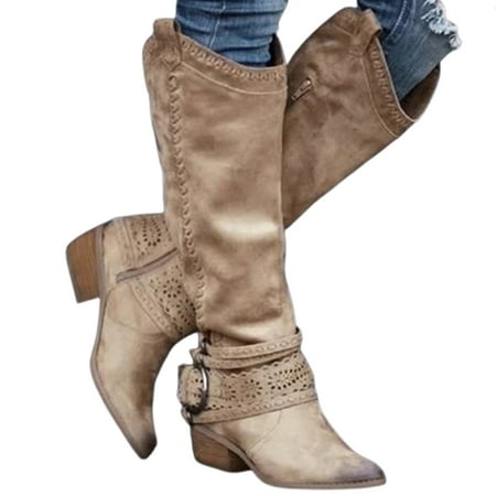 

Western Cowboy Riding Boots with Thick Heel Under Knee PU Boots Middle Tube Boots for Women Winter Autumn Supply