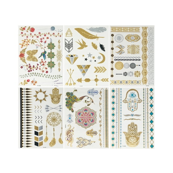 Wrapables® Celebrity Inspired Temporary Tattoos in Metallic Gold Silver and Black (6 Sheets), Large, Feathers & Floral
