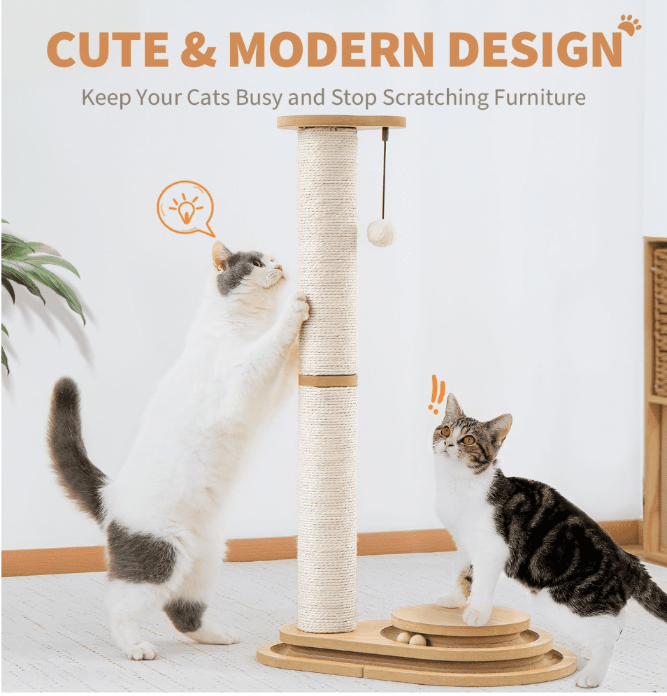 Cat Scratching Post Cat Scratcher Kitten Toys for Indoor Cats Wooden Ball Track Two-Layer Modern Sisal 23.4" Tall Scratch Post Interactive Toy with Dangling Ball Middle Size