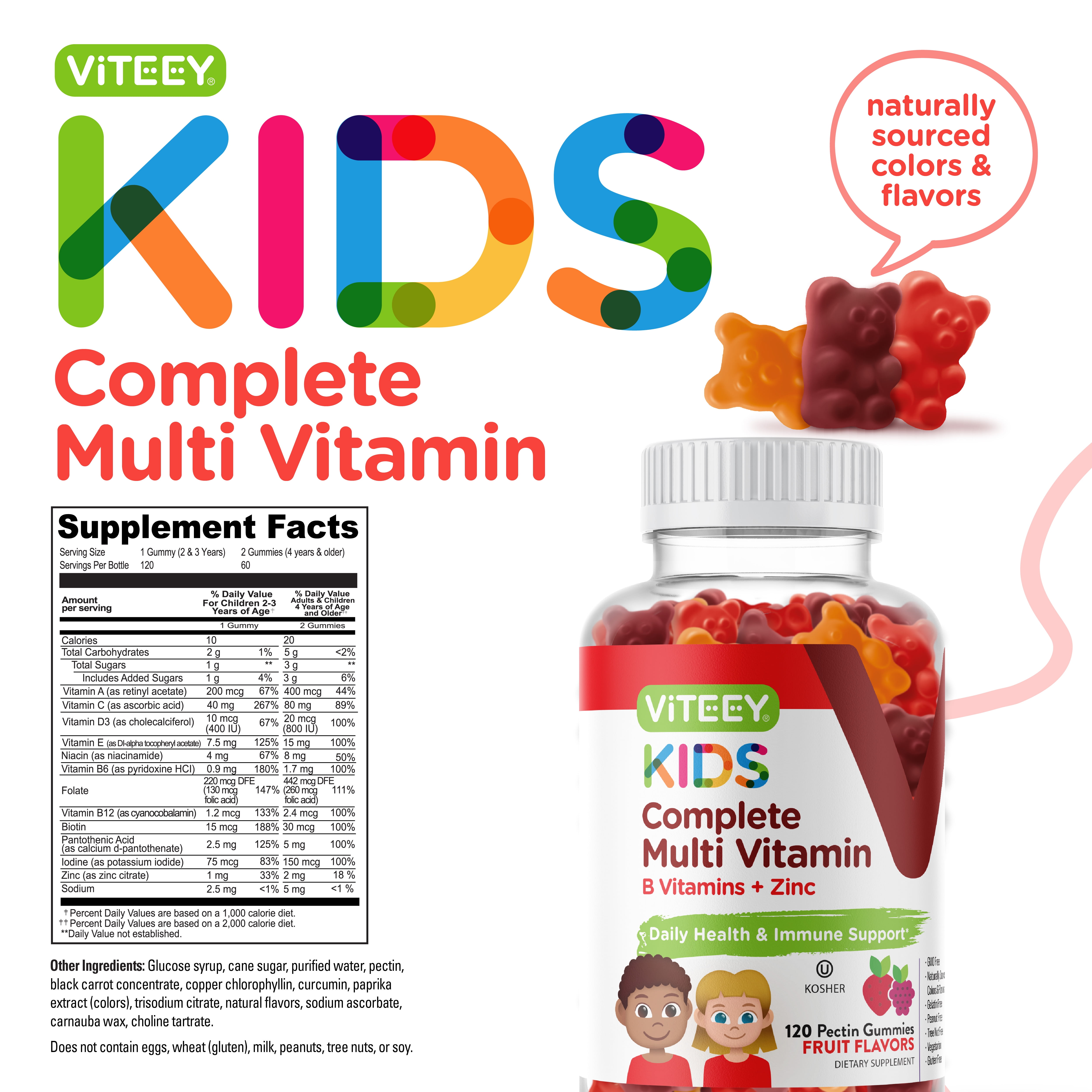 VITEEY Kids Multivitamin, Daily Vitamins for Kids Immune Support, Fruit Flavor, 120 Ct