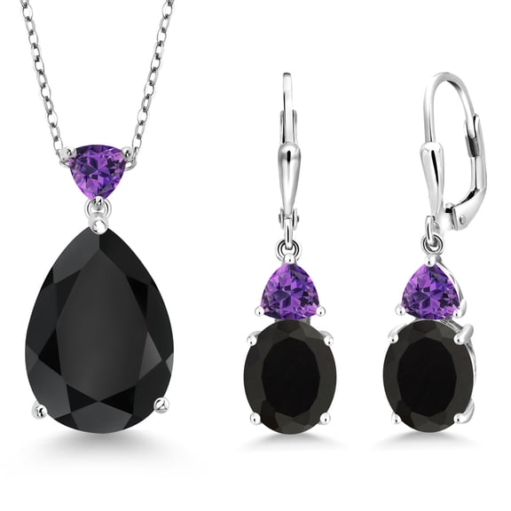 Gem Stone King 925 Sterling Silver Black Onyx and Purple Amethyst Pendant Earrings Jewelry Set for Women (16.11 Cttw, Pear Shape 18X13MM, with 18 inch Chain)