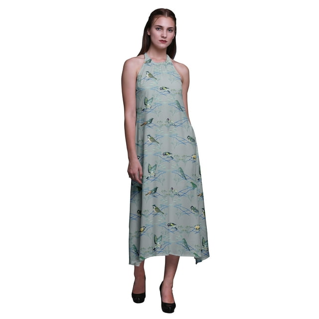 Bimba Bird Women Printed Backless Long Halter Neck Beachwear RayonDress-Small