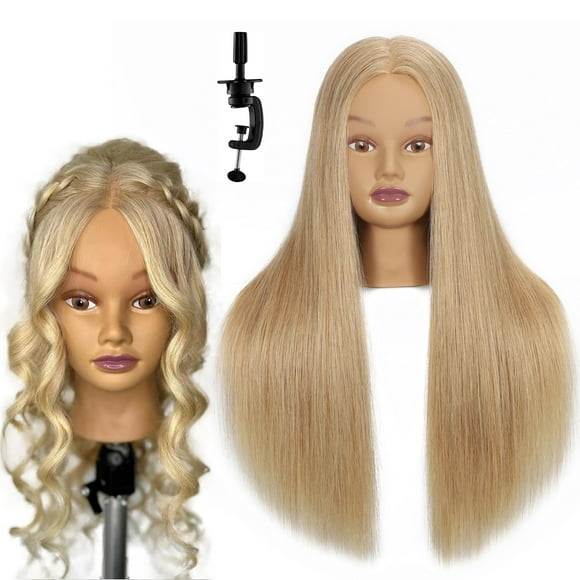 Mannequin Head 100% Human Hair 24" Cosmetology Mannequin Head Doll Head for Hair Styling Hairdresser Manikin Head Training Head Dye Cutting Braiding Practi