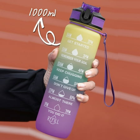 

YX STORE 1000ml Water Bottle Leak-proof Gradient Design Food Grade Large Capacity Time Marker Drinkware Plastic Flip Top Lid Water Jug for Sports