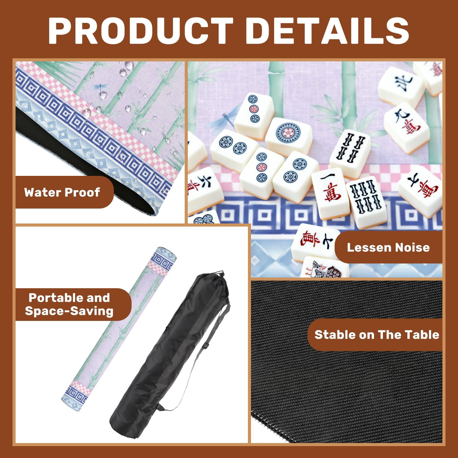 Mahjong Mat 31.5" x 31.5" Tropical Greenery Bamboo Palm Leaves Soft Blue Non-Slip Noise Reduction Mahjong Tiles Table Cover for Dominoes Poker Card Board and Tile Games
