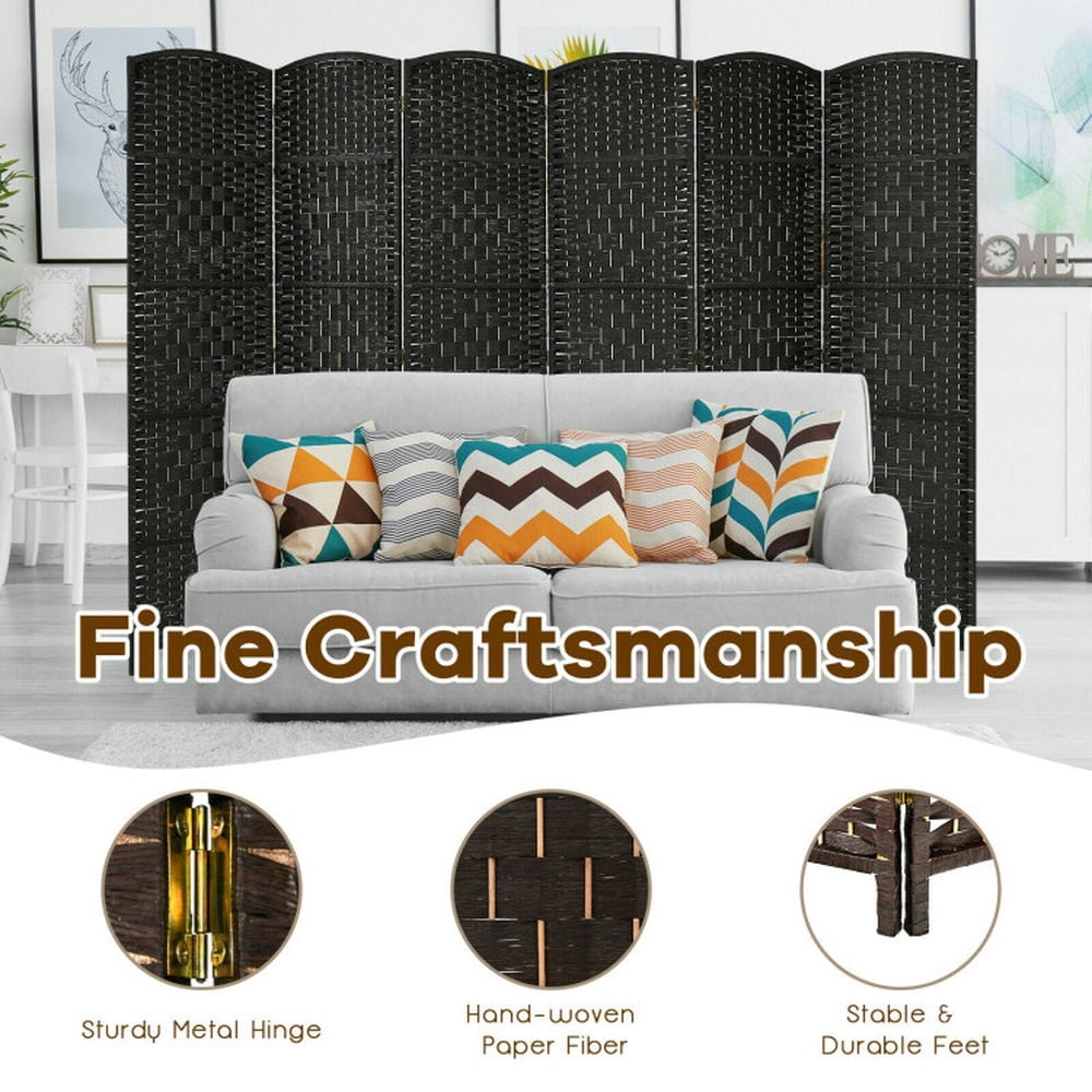 Spaco 6-Panel Weave Folding Fiber Room Divider Screen, 6.5 Feet Ultra-Large Room Divider, Room Divider Screen with Stable Construction for Indoor, Black