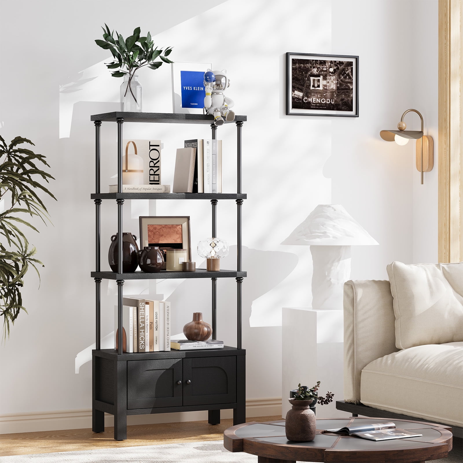 Furnibear Bookshelf with 2 Doors 55 Inches Tall 4 Tier Storage Shelf with Cabinet,Modern Open Bookcase for Living Room or Home Office,Black