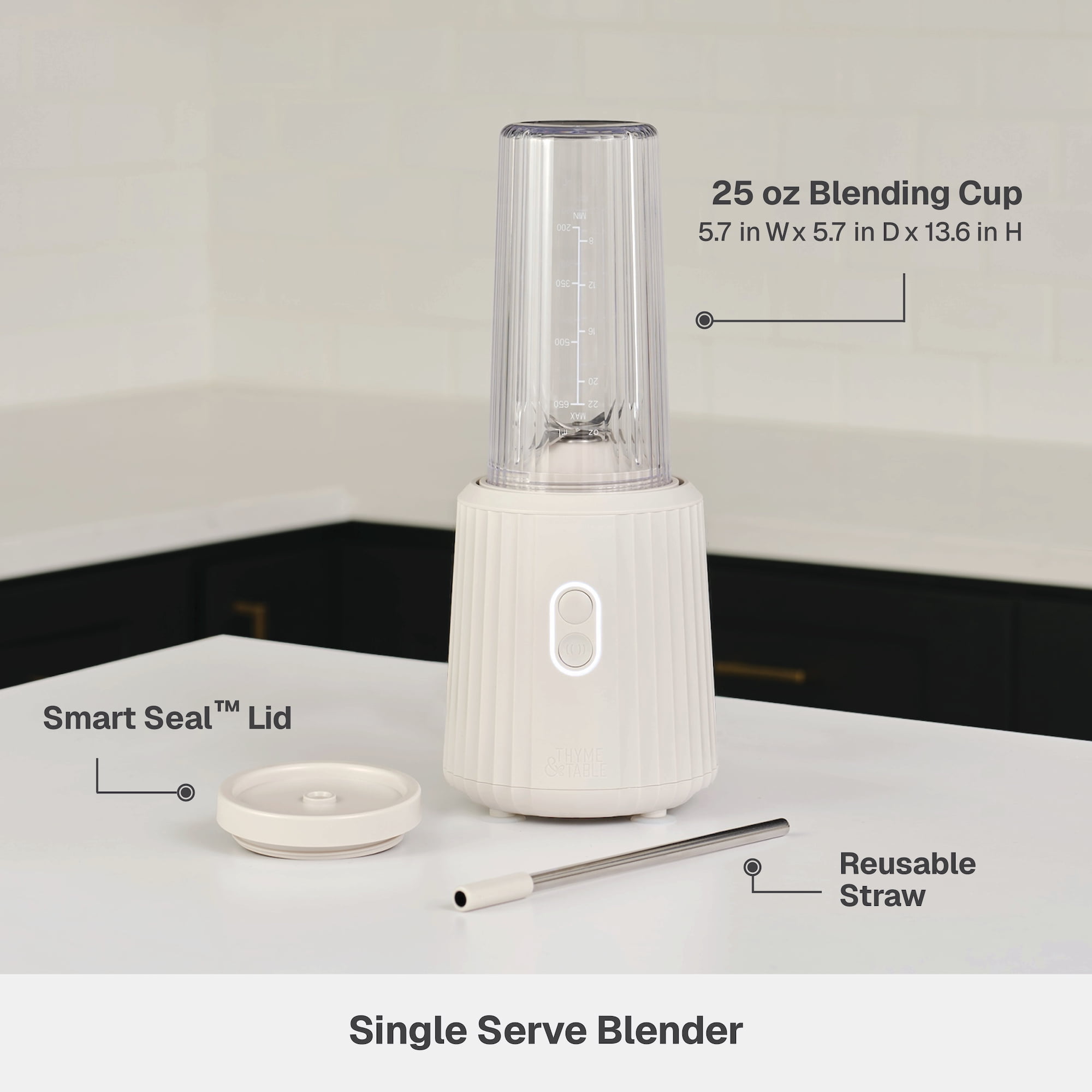 Thyme & Table 900 W 25 oz Single Serve Blender with Tritan Vessel, Smart Seal Lid and Straw, 6-Point Stainless Steel Blade, Sand White